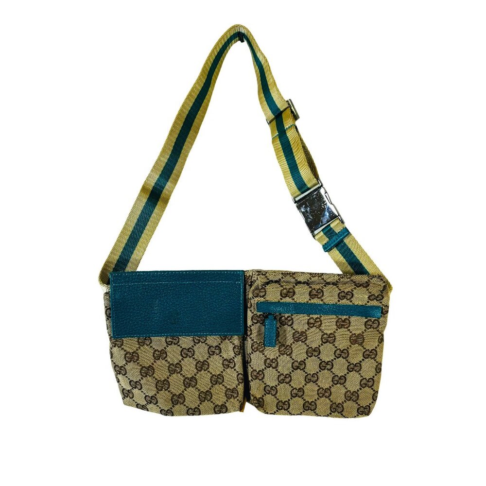 Gucci Beige Monogram Canvas Mini Crossbody with Teal Accents